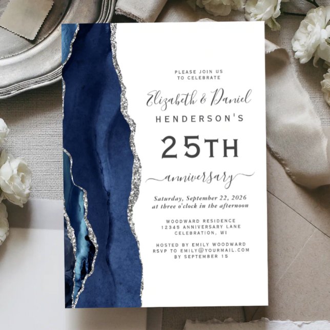 Convite Azul Marinho Ágata Prata 25º Aniversário (Criador carregado)