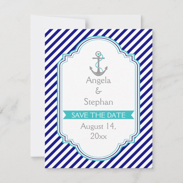 Convite Azul marinho, aqua náutico casamento Save the Date (Frente)