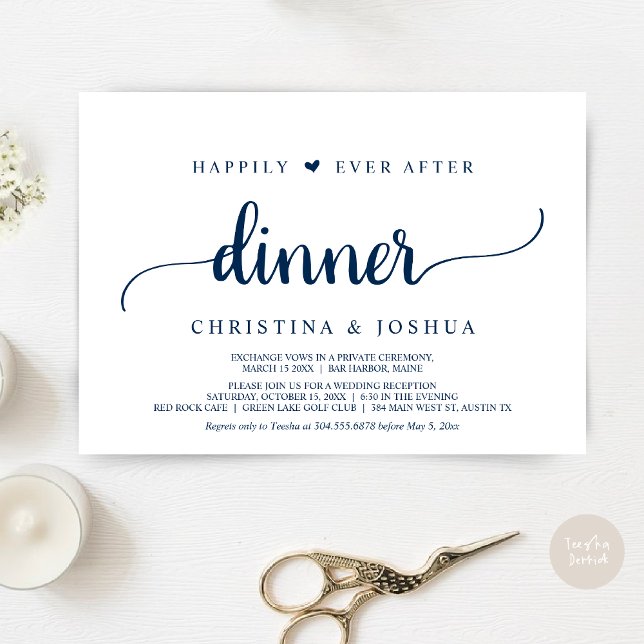 Convite Azul Marinho, Casamento às Escuras, Jantar Felizes (Happily Ever After Dinner Invitation Card, Modern Elopement Rustic Script, PDF, Navy Blue)