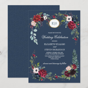 Convite Azul marinho  Casamento Burgundy Bloom Watercolor