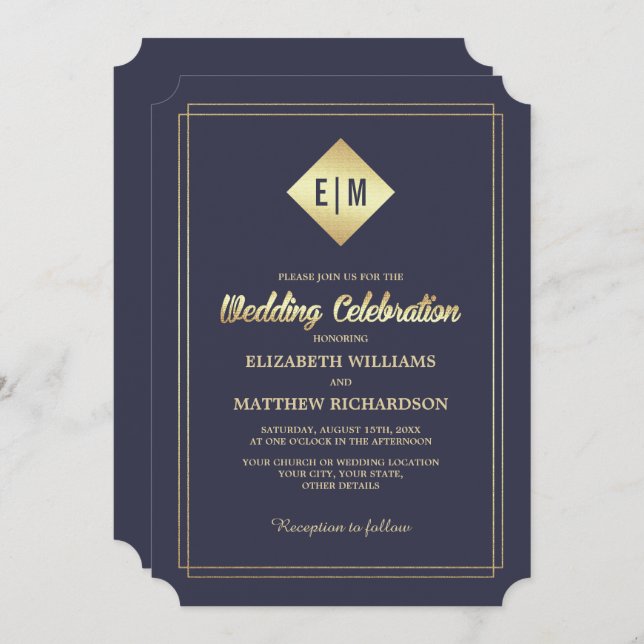 Convite Azul Marinho | Casamento Elegante Dourado (Frente/Verso)