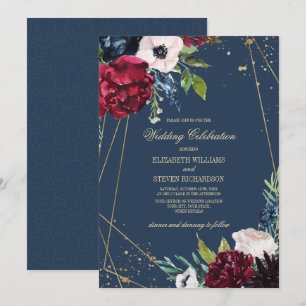 Convite Azul marinho Casamento Geométrico Borgonha