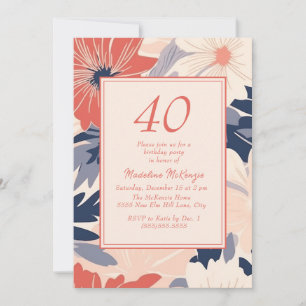 Convite Azul Marinho Coral Creme Floral Aniversário de 40