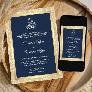 Convite Azul Marinho Creme Damasco Casamento Islâmico Muçu