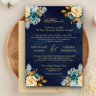 Convite Azul Marinho Creme Floral Código QR Dourado Casame