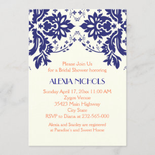 Convite Azul marinho Damask, chá de panela de casamento d
