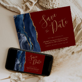 Convite Azul Marinho Dourado Ágata Burgundy Save the Date