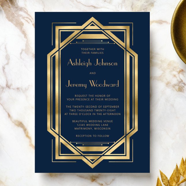 Convite Azul Marinho Dourado Antigo Quadro Deco Casamento  (An ideal choice for a 1920s vintage themed wedding with a navy blue and gold color palette.)