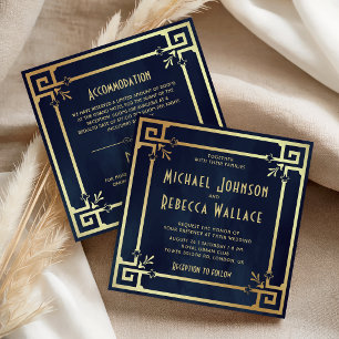 Convite Azul Marinho Dourado Art Deco Casamento Tudo em Um