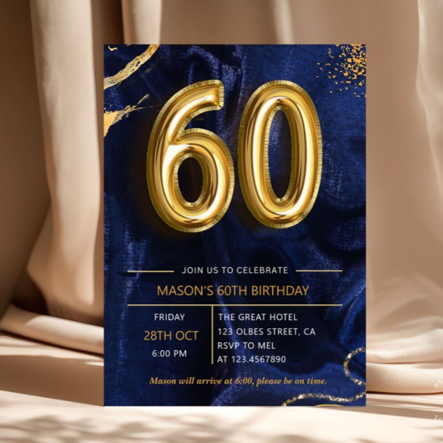 Convite Azul Marinho Dourado Brilhante 60º Aniversário (Navy blue and gold glitters surprise 60th birthday party invitation. Elegant modern design featuring)