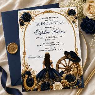 Convite Azul Marinho Dourado Cavalo Floral Charra Quinceañ
