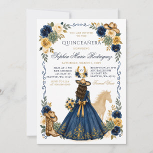 Convite Azul Marinho Dourado Cavalo Floral Charra Quinceañ