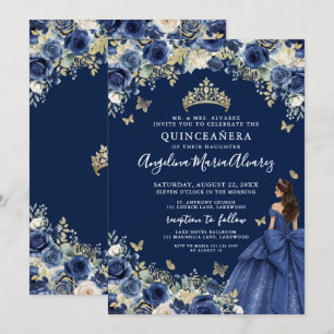 Convite Azul Marinho Dourado Floral Quinceanera