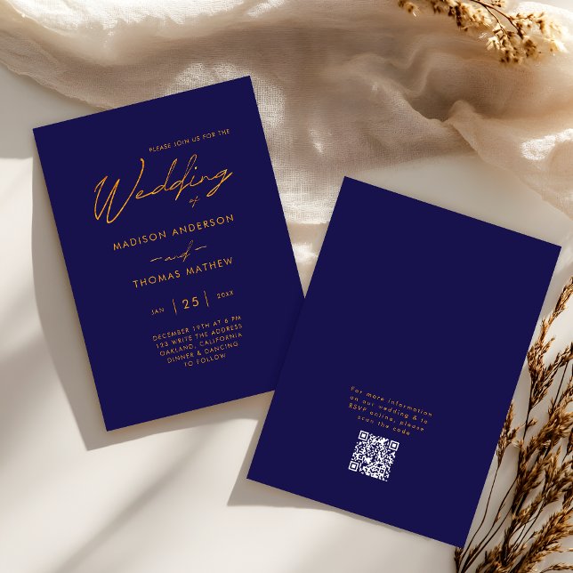 Convite Azul Marinho Dourado Tipografia Moderna Casamento  (Front / Back)