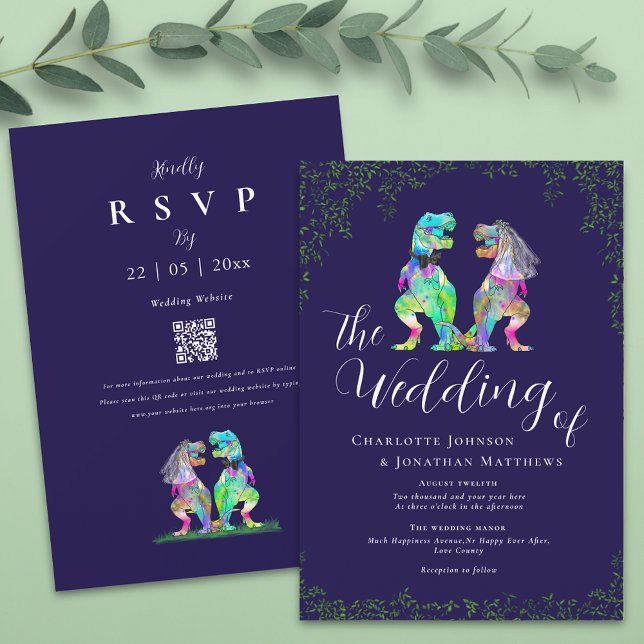 Convite Azul Marinho e Branco Código QR de Casamento de Di (Navy blue colorful T-Rex bride and groom dinosaur wedding qr code invitation Elegant script )