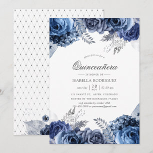Convite Azul Marinho e Branco com Quinceañera Floral em Fo
