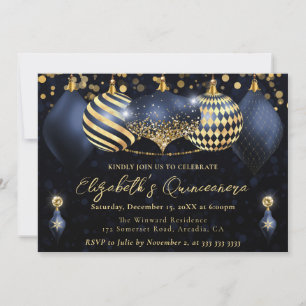 Convite Azul Marinho e Dourado Bola de Natal Quinceanera