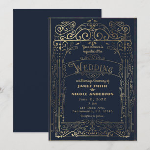 Convite Azul Marinho e Dourado Casamento Vintage Estilo Vi