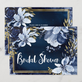 Convite Azul Marinho e Dourado Elegante Floral Hidrográfic