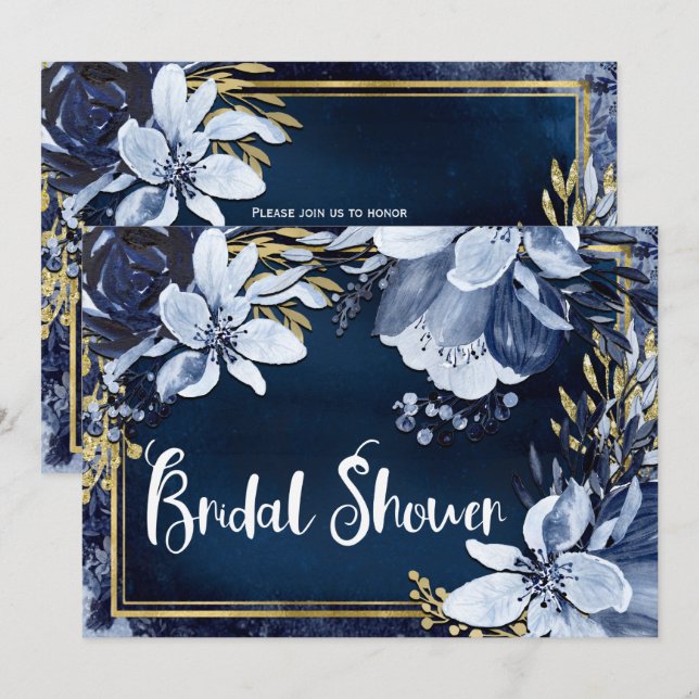 Convite Azul Marinho e Dourado Floral Aquarelado Moderno e (Frente/Verso)