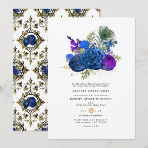Convite Azul Marinho e Dourado Peacock Floral Casamento Vi