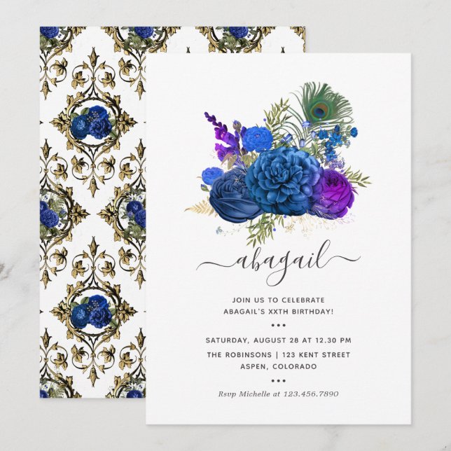 Convite Azul Marinho e Dourado Peacock Floral de Aniversár (Frente/Verso)