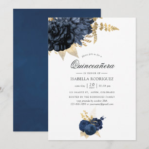 Convite Azul Marinho e Dourado Rosa Vintage Quinceañera