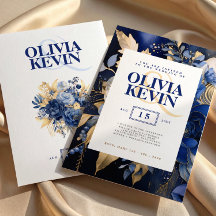 Azul Marinho e Floral Dourado Aquarela Casamento E