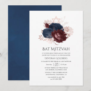 Convite Azul Marinho e Floral Marrom Bat Mitzvah