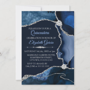Convite Azul Marinho e Prata Brilhante Ágata Quinceanera