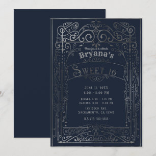 Convite Azul Marinho e Prata Decoração Vintage Vitoriana F