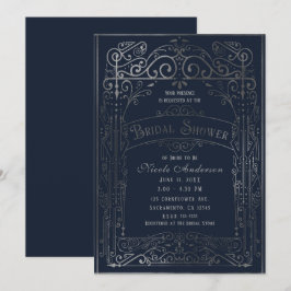 Convite Azul Marinho e Prata Vintage Chá de Noiva Vitorian