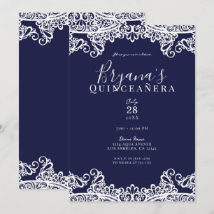 Convite Azul Marinho e Renda Branca Elegante Quinceañera
