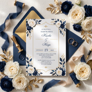 Convite Azul Marinho&Elegância Floral Casamento Espanhol