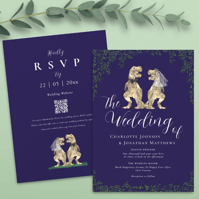 Convite Azul Marinho Elegante Código QR de Casamento de Di (Navy blue dinosaur wedding qr code invitation Elegant script boho eucalyptus foliage T-Rex )