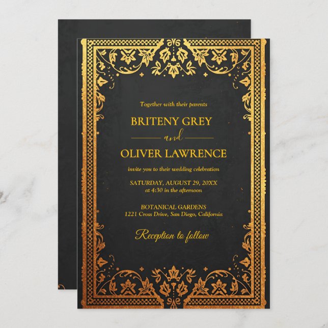 Convite Azul-marinho elegante Papel Dourado Picado (Frente/Verso)