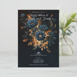 Convite Azul Marinho Escuro e Dourado Casamento Rústico Gl