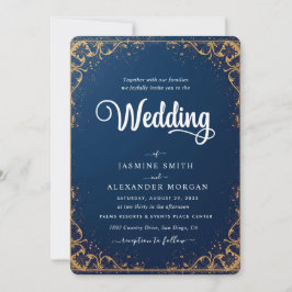 Convite Azul Marinho Florais Flores Casamento Simples