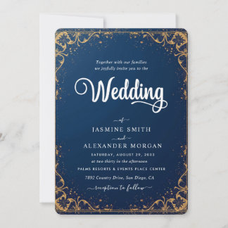 Convite Azul Marinho Florais Flores Casamento Simples