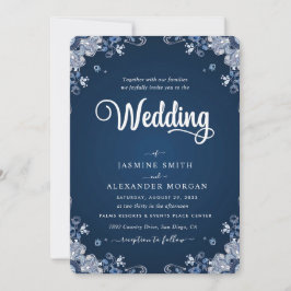 Convite Azul Marinho Florais Flores Casamento Simples