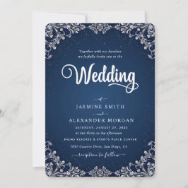 Convite Azul Marinho Florais Flores Casamento Simples