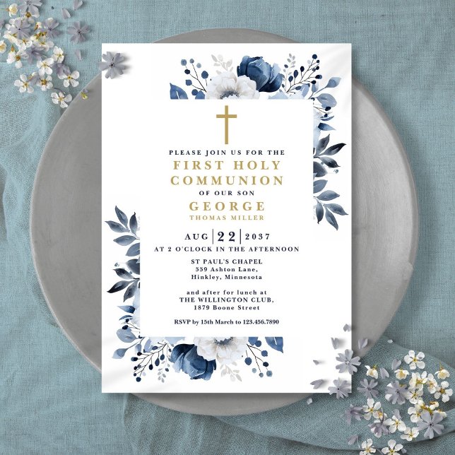 Convite Azul Marinho Floral Botânico Primeira Comunhão (Navy Blue Floral Botanical First Holy Communion Invitation)