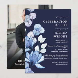 Convite Azul Marinho Floral Celebração Da Vida Funeral Fot