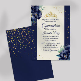 Convite Azul marinho Floral e Tiara Quinceanera Dourada