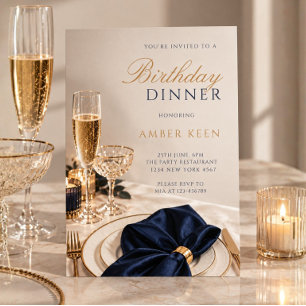 Convite Azul Marinho Floral Jantar de Aniversário Elegante