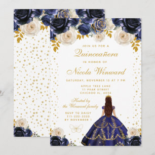 Convite Azul Marinho Floral Princesa Quinceañera