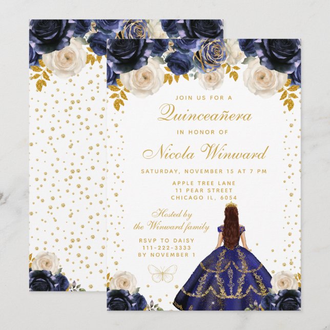 Convite Azul Marinho Floral Princesa Quinceañera (Frente/Verso)