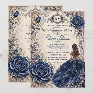 Convite Azul Marinho Floral Princesa Vintage Quinceañera X