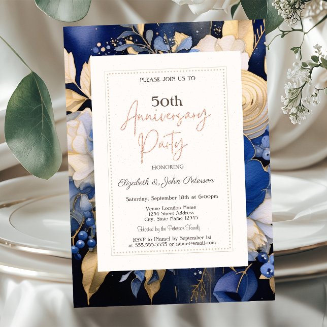 Convite Azul Marinho Flores de Creme Casamento Aniversário (Criador carregado)