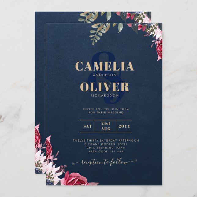 Convite Azul-marinho Fruta Floral Borgonha Inverno Outono (Frente/Verso)